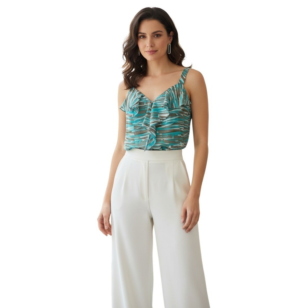 Banana Republic 100% Silk Ruffle Tank Abstract Stripe Blue Brown V-Neck NEW Chic